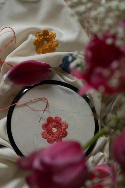 embroidered floral hoop close-up